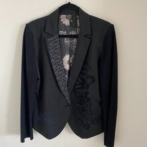 DESIGUAL WOMEN'S BLAZER SINGLE BREASTED EMBROIDERY ON ONE LAPEL ONE BUTTON SZ 44